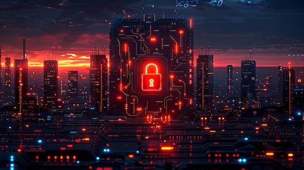 Closed Padlock on digital background