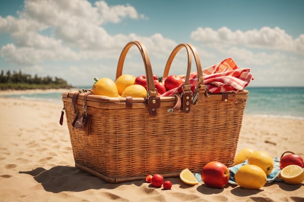 closed Picnic basket on sunny beach Picnic background ai generative