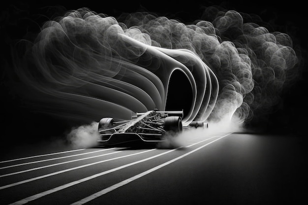 Closed racing track for car with exhaust fume double exposure on black background