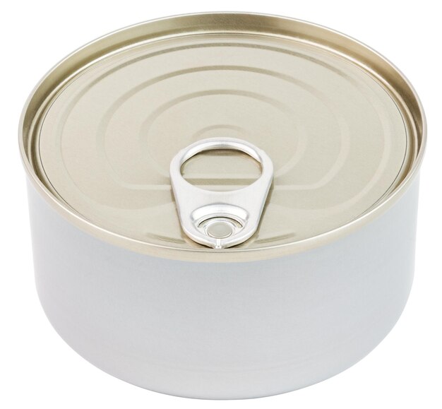 Closed tin can with pull tab ring lid opener isolated on white background slanted frontal view