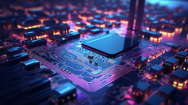 Closed up of CPU on the circuit board with purple lighting Technology innovation and future concept