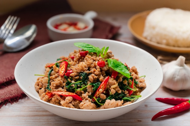 Closed up Pad Krapo  Thai food that stir fried basil with pork hot and spicy tasty serving with rice