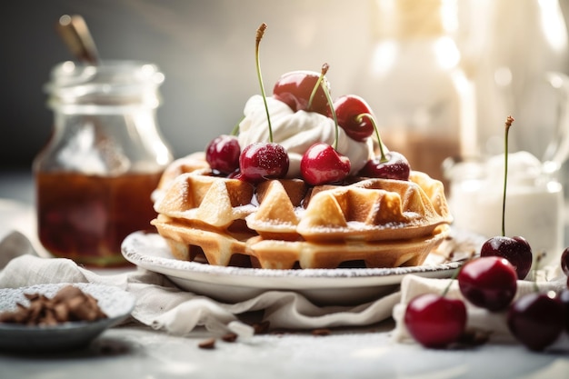 Closed up of strawberry cake and waffle with fruit nordic style