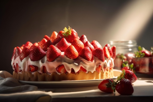 Closed up of strawberry cake and waffle with fruit nordic style