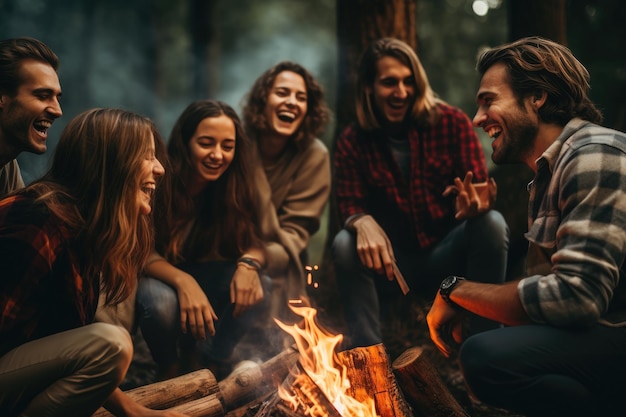 A closeknit group of friends sit around a warm campfire sharing jokes and laughter creating cherished memories Joyous group of millennials laughing and bonding around a campfire AI Generated