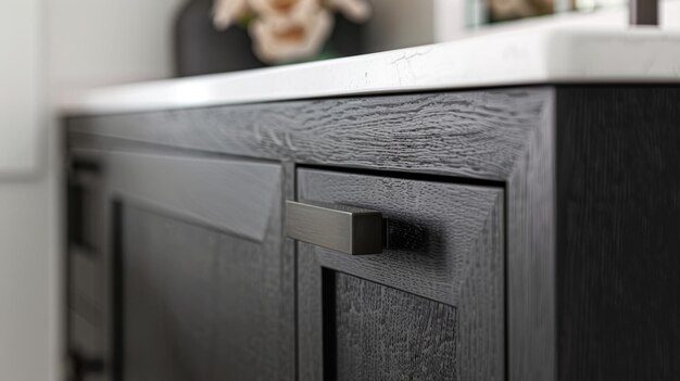 A closer look at a matte black cabinet highlighting the brushed texture that offers a slightly