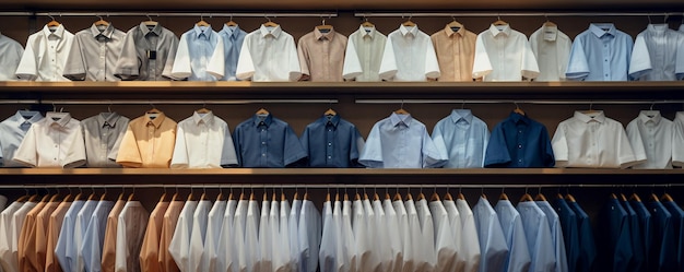 a closet full of shirts and shirts with a blue shirt on the left.