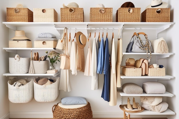 A closet with an array of baskets bins and hooks for storage created with generative ai