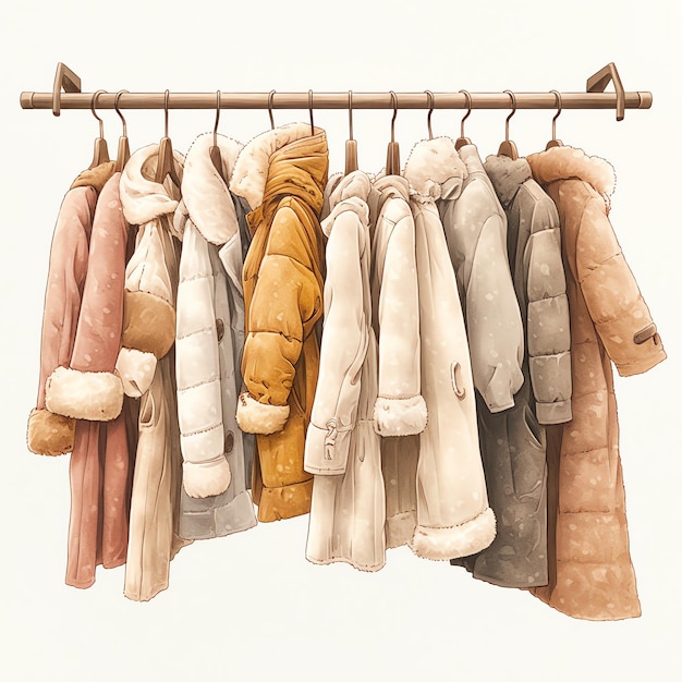 closet with an assortment of stylish winter coats hanging on a rack watercolor cozy