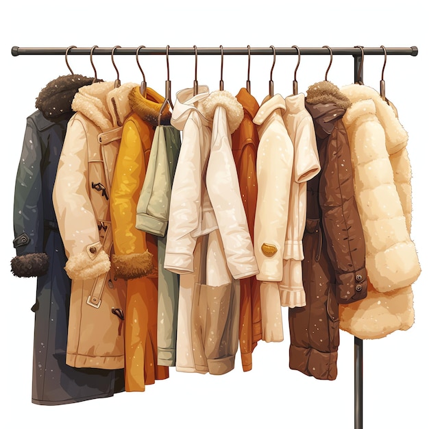 closet with an assortment of stylish winter coats hanging on a rack watercolor cozy