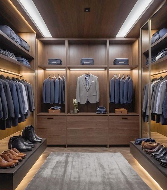 a closet with a bunch of blue shirts and a white shirt on the left