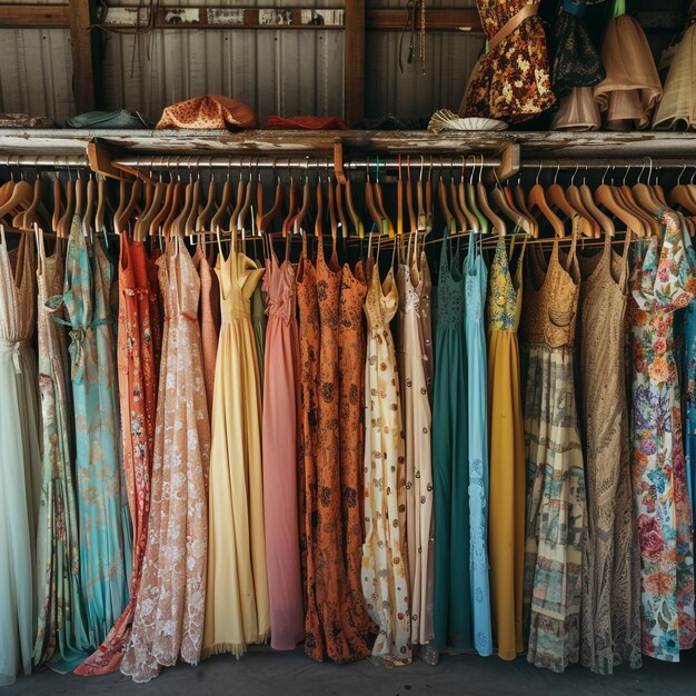 a closet with a bunch of different colored dresses on it