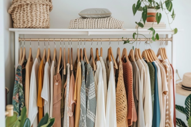 Photo a closet with clothes hanging on a shelf and a plant hanging on the wall