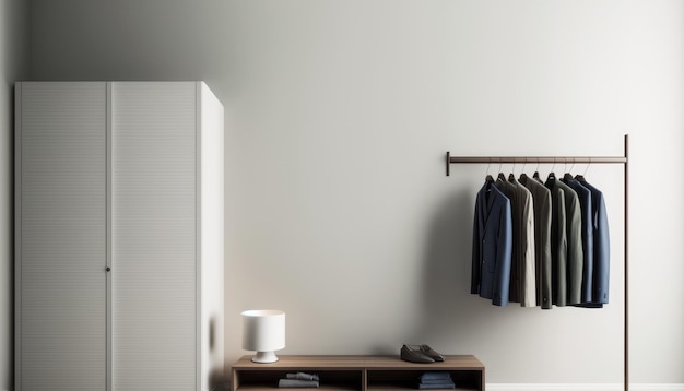 Closet with clothes shoes and coat rack Generative AI