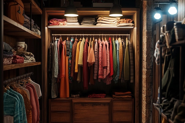 a closet with a lot of shirts and a light on it