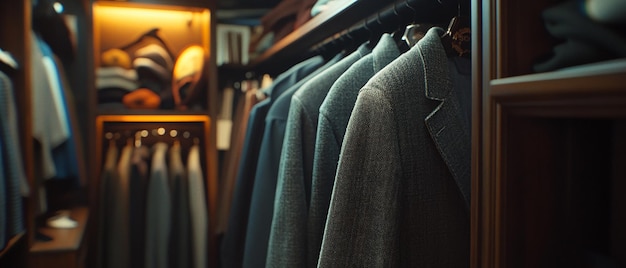 a closet with a row of jackets hanging on a shelf