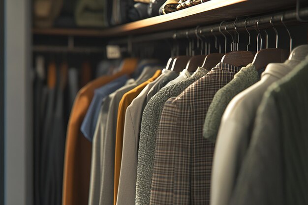 a closet with a row of shirts hanging on a wall