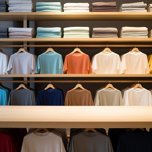 a closet with a row of shirts on the shelf