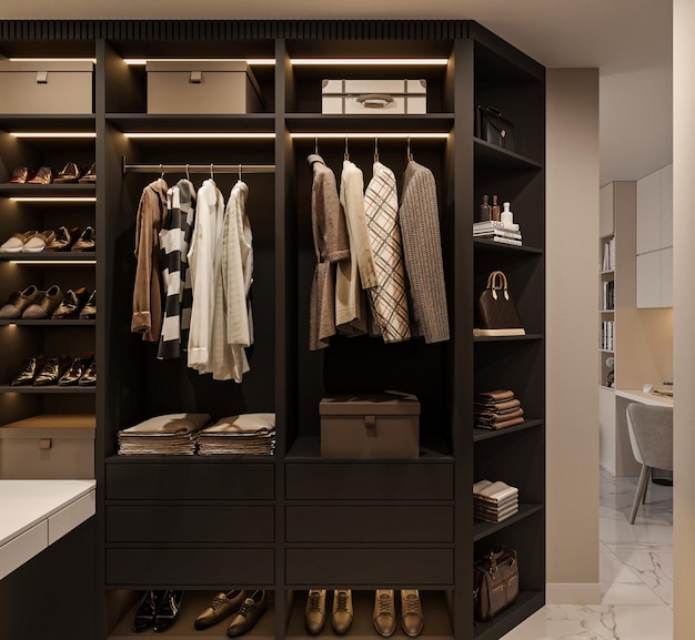 A closet with a shelf that says'fashion'on it