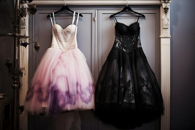 a closet with a white wedding dress and black and pink outfit an emo girl would wear and a small p