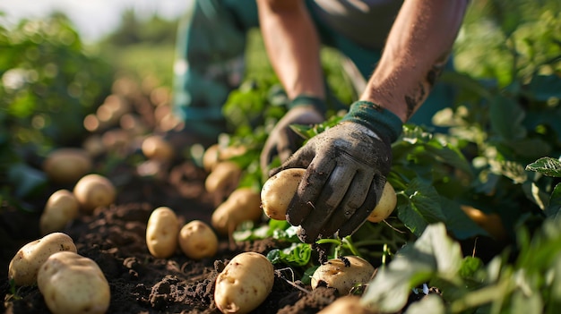 Closeuop view of worker picking fresh potatoes from the field