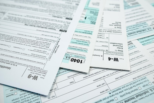 Closeup of 1040 US personal income tax form on desk