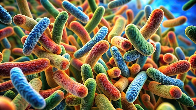 Photo closeup of 3d microscopic multicolored bacteria microscopic image of a flowing bacteria concept of food safety e coli bacteria human health microbiology research foodborne illnesses