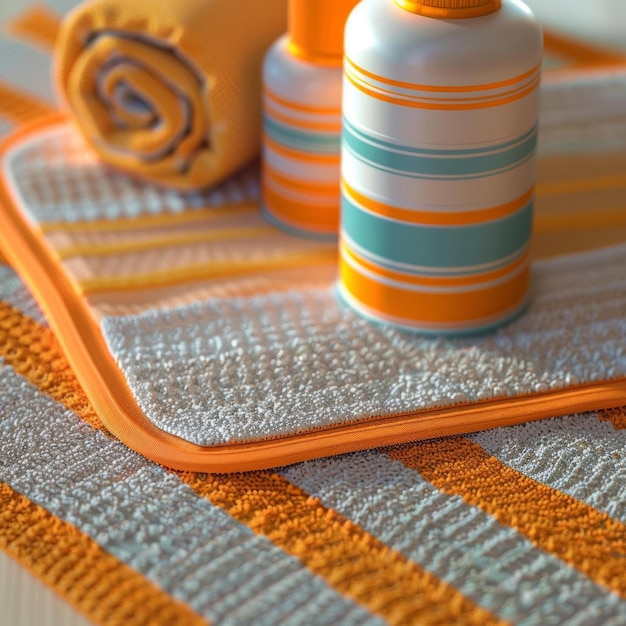 Closeup of a 3D model of a beach towel and sunscreen summer