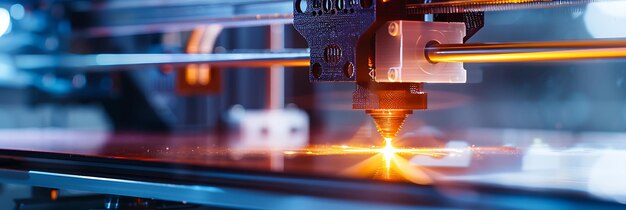 Closeup of a 3D printer in action fabricating a complex shape with a bright glowing laser