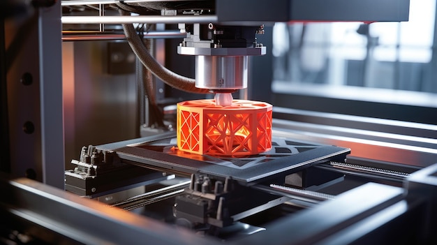 A closeup of a 3D printer in action with a red plastic object being printed The printer is in focus while the background is blurred