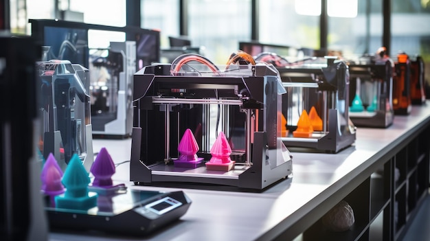 A closeup of a 3D printer in operation with colorful plastic objects being created