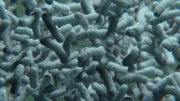 Closeup 3D render view of harmful grey bacteria moving around