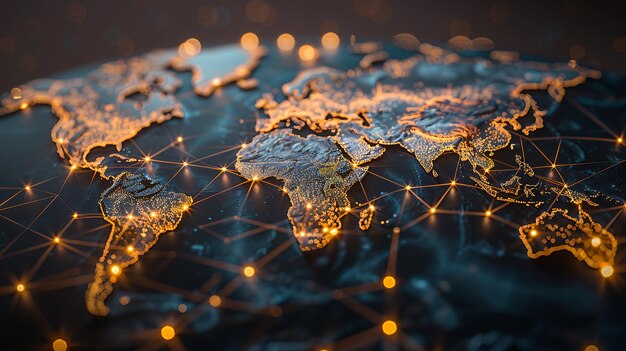 Photo closeup of a 3d rendered globe with glowing lines connecting continents