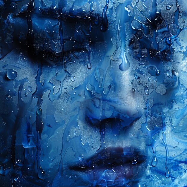 Photo closeup of an abstract blue face covered in water droplets conveying intense emotions and a sense of melancholy