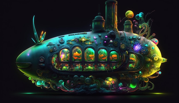 A closeup abstract neon design of a glowing futuristic submarine with neoncolored parts and intricate details set against a dark abstract background