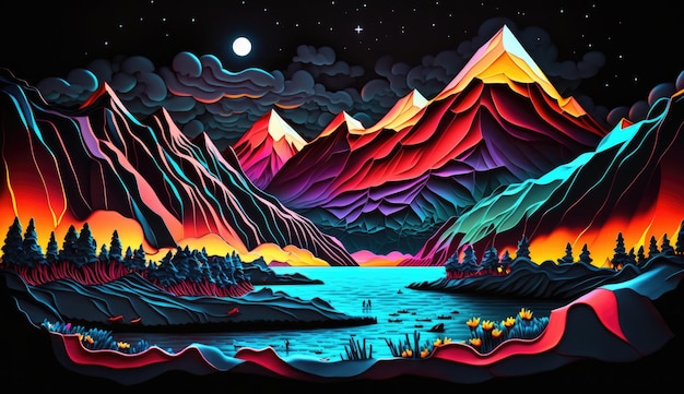 A closeup abstract neon landscape with glowing mountains rivers and forests set against a dark starry sky