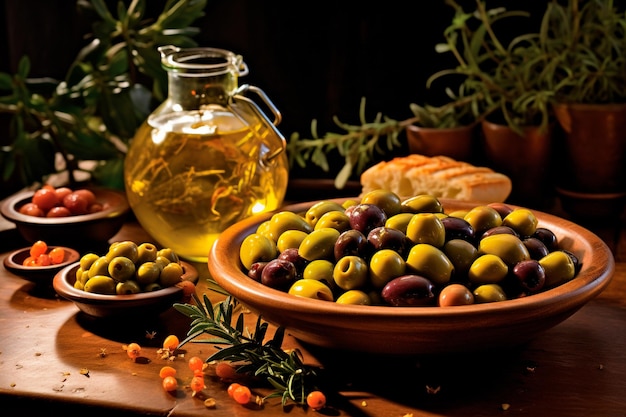 A closeup of a abundant wooden table adorned with plentiful olives olive oil and other accompaniments