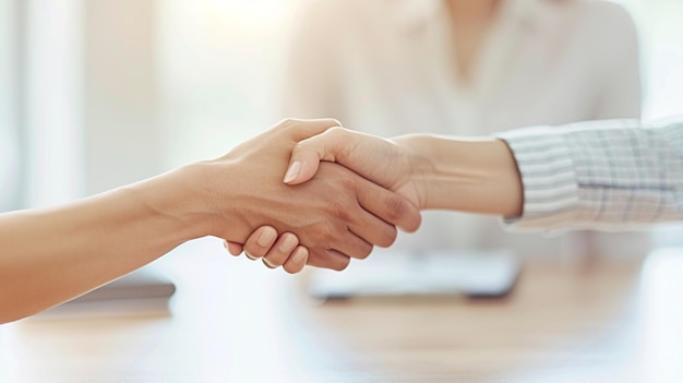 Closeup of an account managers hands shaking hands with a client over a desk