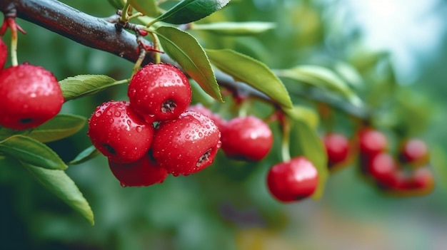 closeup acerola cherry fruits hanging on tree