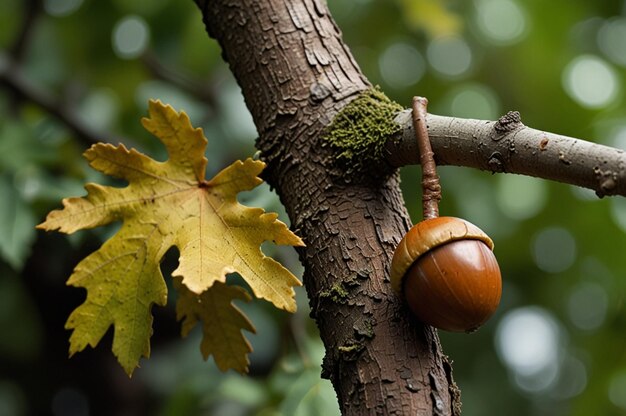 Photo closeup of acorn and oak leaf on a branch