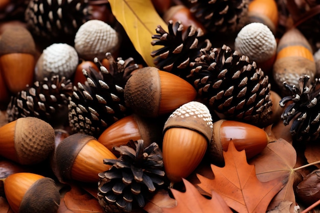 Closeup of acorns and pinecones on a bed of fallen leaves