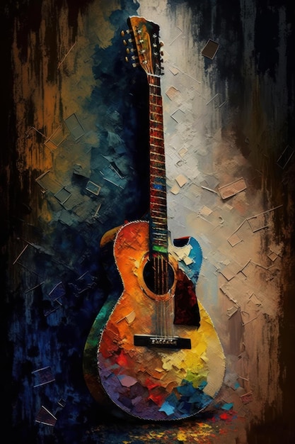 Closeup of an acoustic guitar Watercolor Created with generative AI technology