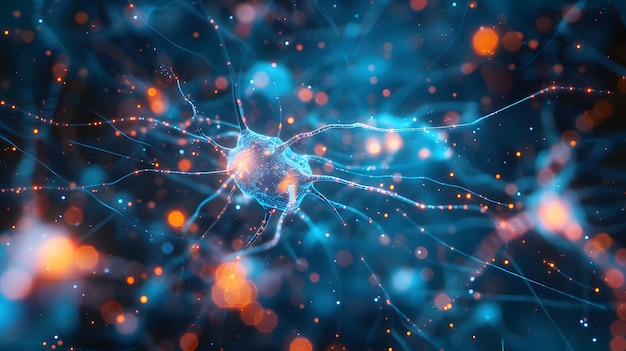 A closeup of an active neurons or cells in the brain showing connections and signs of activity repre