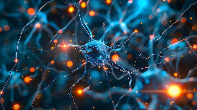 A closeup of an active neurons or cells in the brain showing connections and signs of activity repre