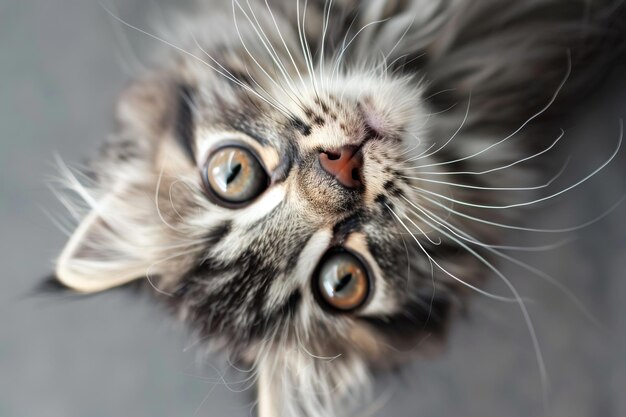 Photo closeup of an adorable kitten looking up with wide eyes captivating pet photography perfect for stock images and marketing beautiful fluffy fur and sweet expression generative ai