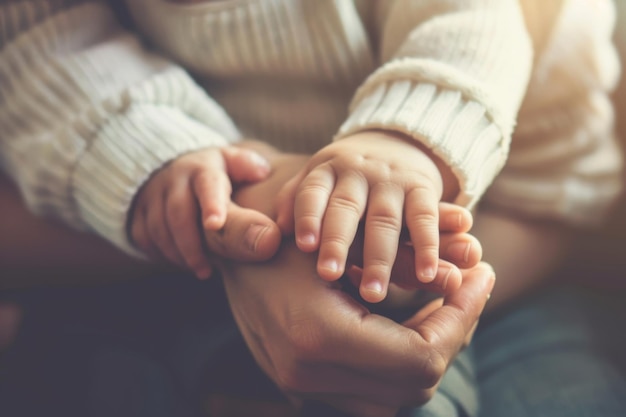 Closeup of an adults and a childs hands together showing a warm family bond