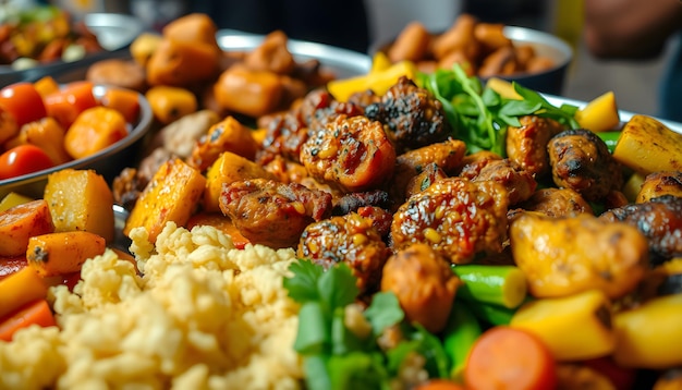 Photo closeup of african food during a buffet at a party fried plantains potatoes meat and vegetables