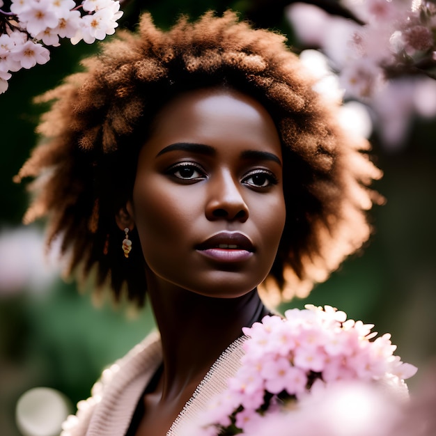 Closeup of an African woman wearing pink with cherry blossom trees