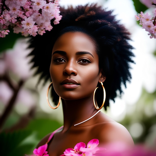 Closeup of an African woman wearing pink with cherry blossom trees