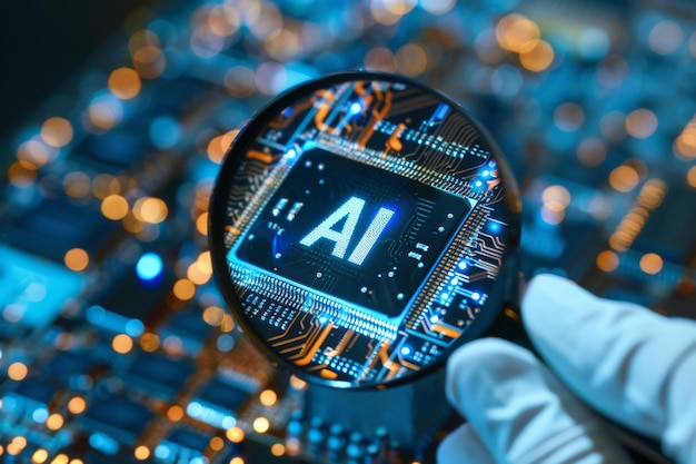 CloseUp of an AI Chip on a Circuit Board Under a Magnifying Glass